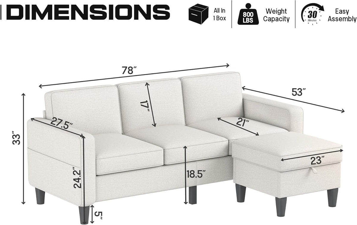 Seventy EightInch Beige Linen Sectional Sofa Storage by ShipItFurniture