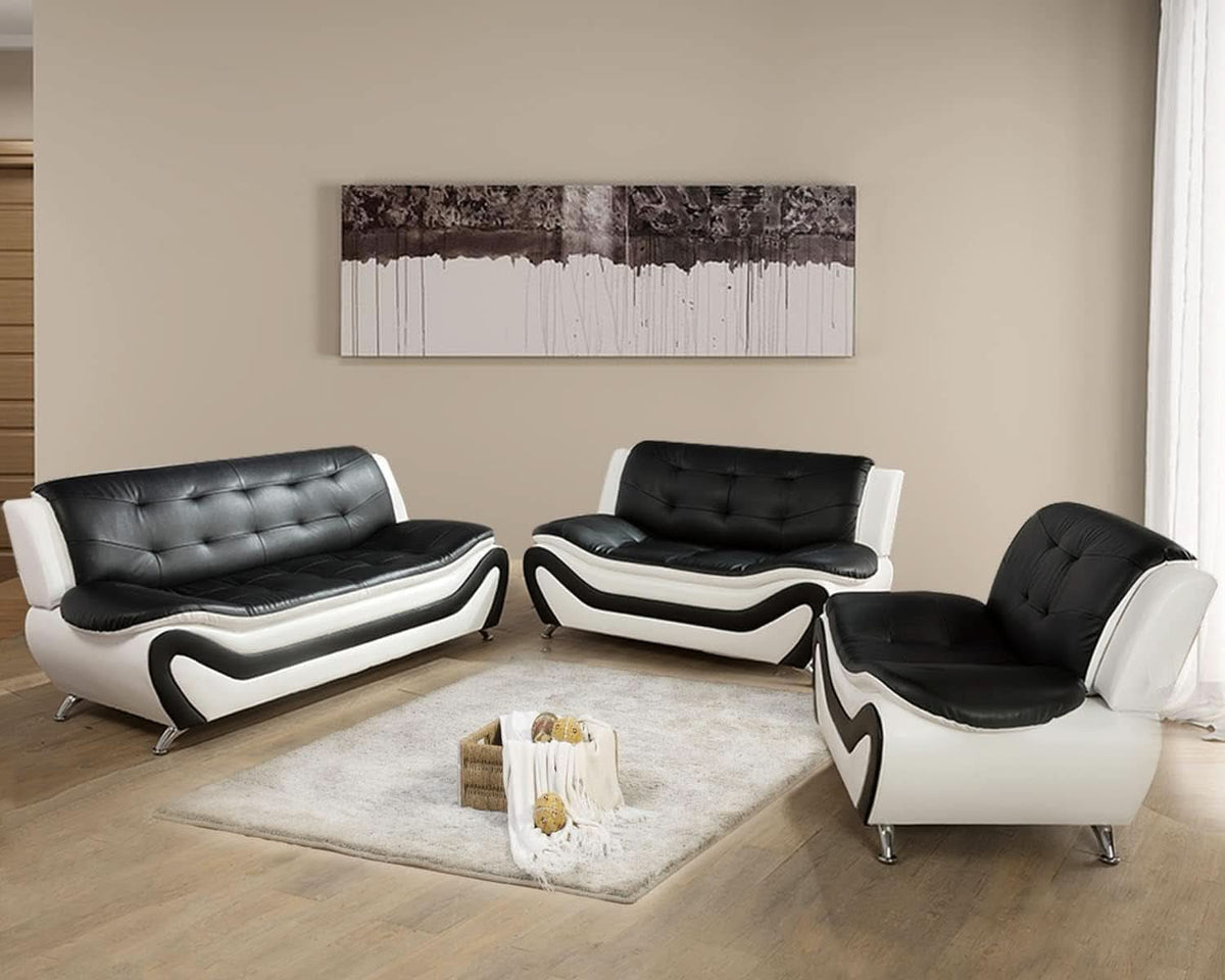 Vegan Leather Sofa Set 3 Piece Living Room Furniture White and Black by ShipItFurniture