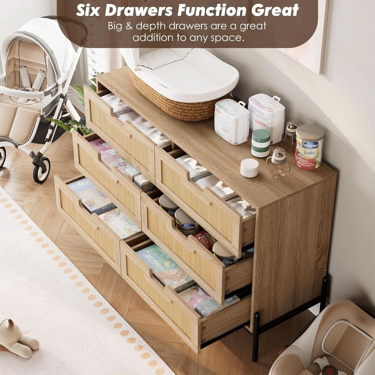 Rattan Open work Braided Chest Of Six Drawers Walnut Finish by ShipItFurniture