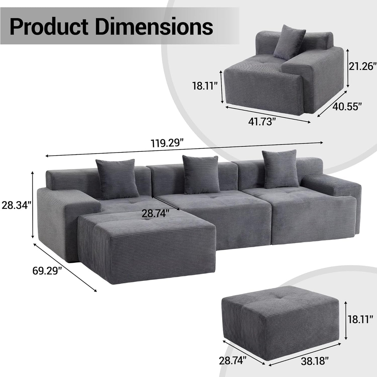 119 Inch Greyish Contemporary Modular Sectional Sofa by ShipItFurniture