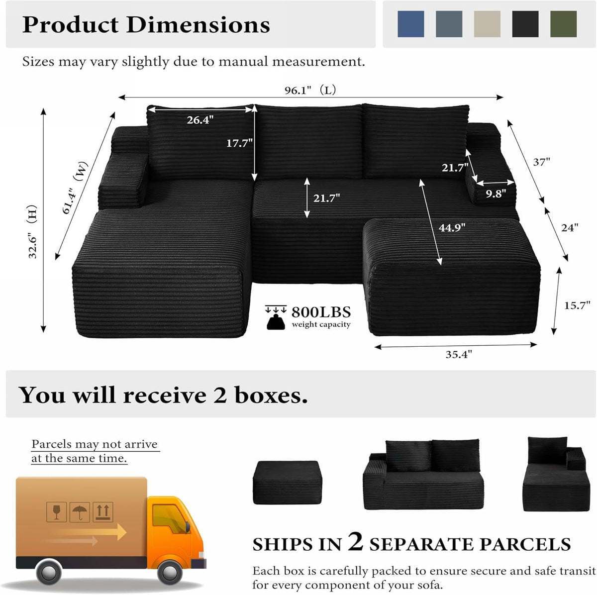 Black 96-Inch U-Shape Contemporary Modular Sectional Sofa by ShipItFurniture