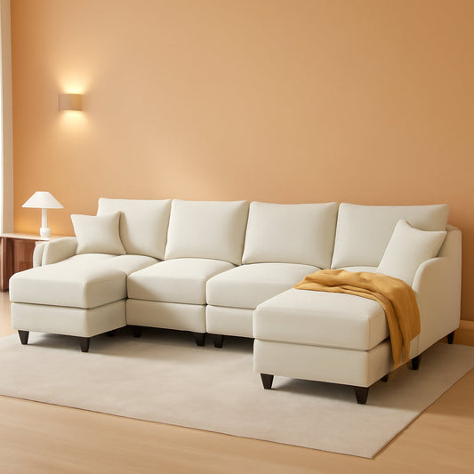 112-Inch Modular U-Shaped Sectional Beige Sofa Ottomans by ShipItFurniture
