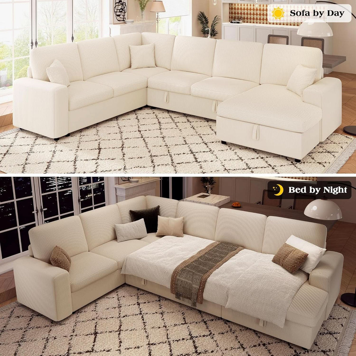 130 Inch Beige Corduroy Sectional Sofa Bed Storage Compartment by ShipItFurniture