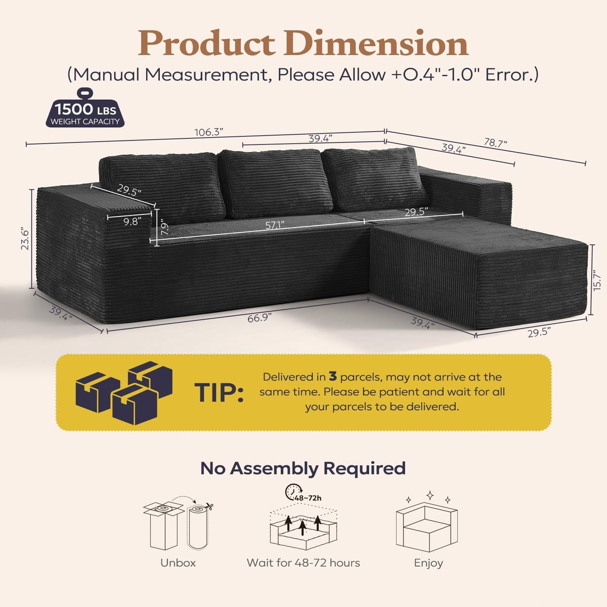106 Inch Modular Sectional Sofa Black Corduroy Fabric by ShipItFurniture