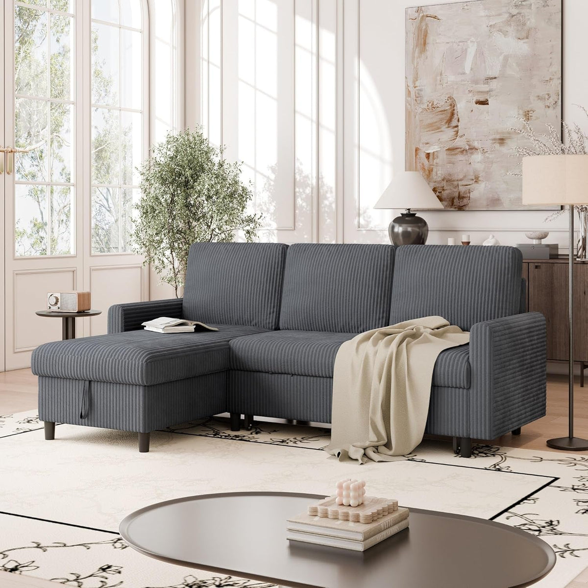 Dark Grey Corduroy Sleeper Sofa With Hidden Storage by ShipItFurniture