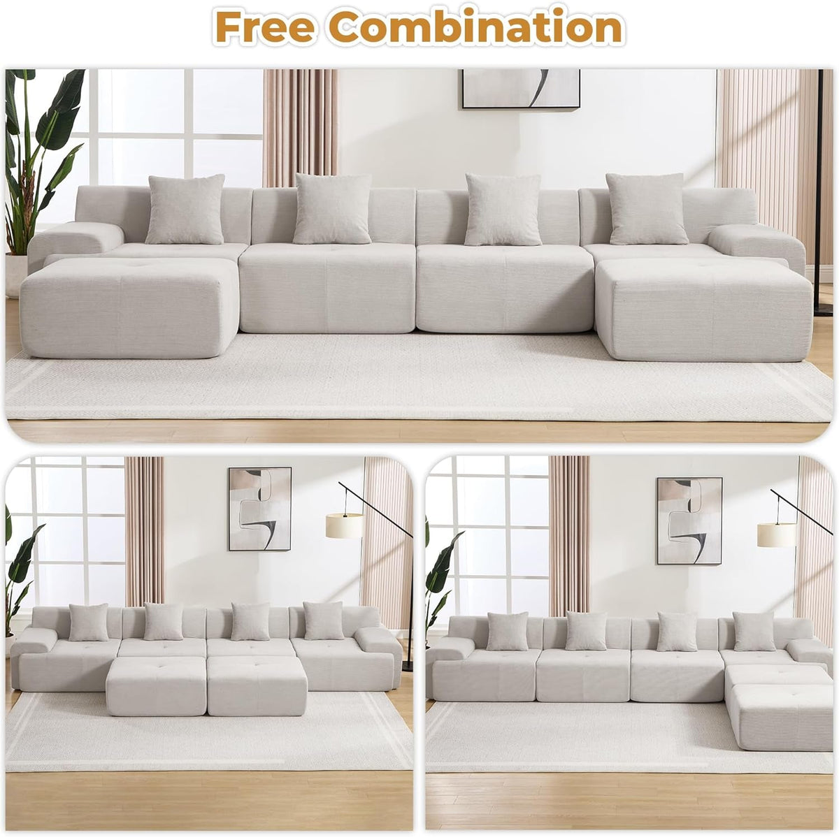 160-Inch U-Shaped Modular Sectional Sofa Camel Ottoman by ShipItFurniture