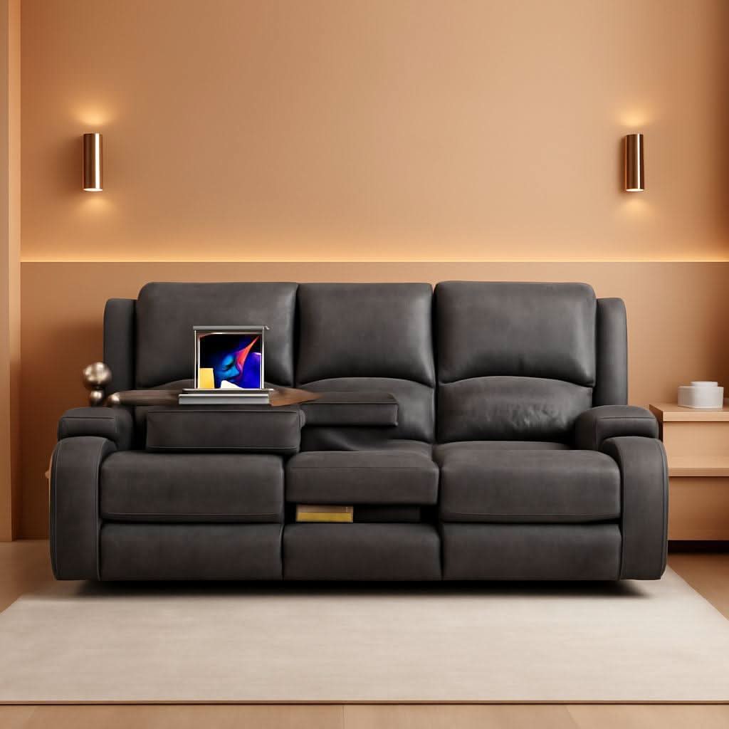 Grey Velvet 3 Seater Recliner Sofa With USB Ports Storage by ShipItFurniture