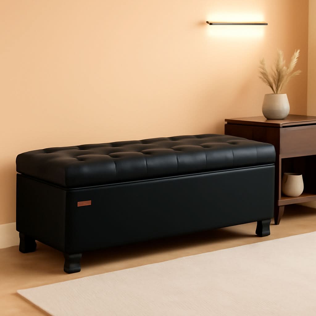 Executive Black Leather Storage Ottoman Bench 46 Inches by ShipItFurniture