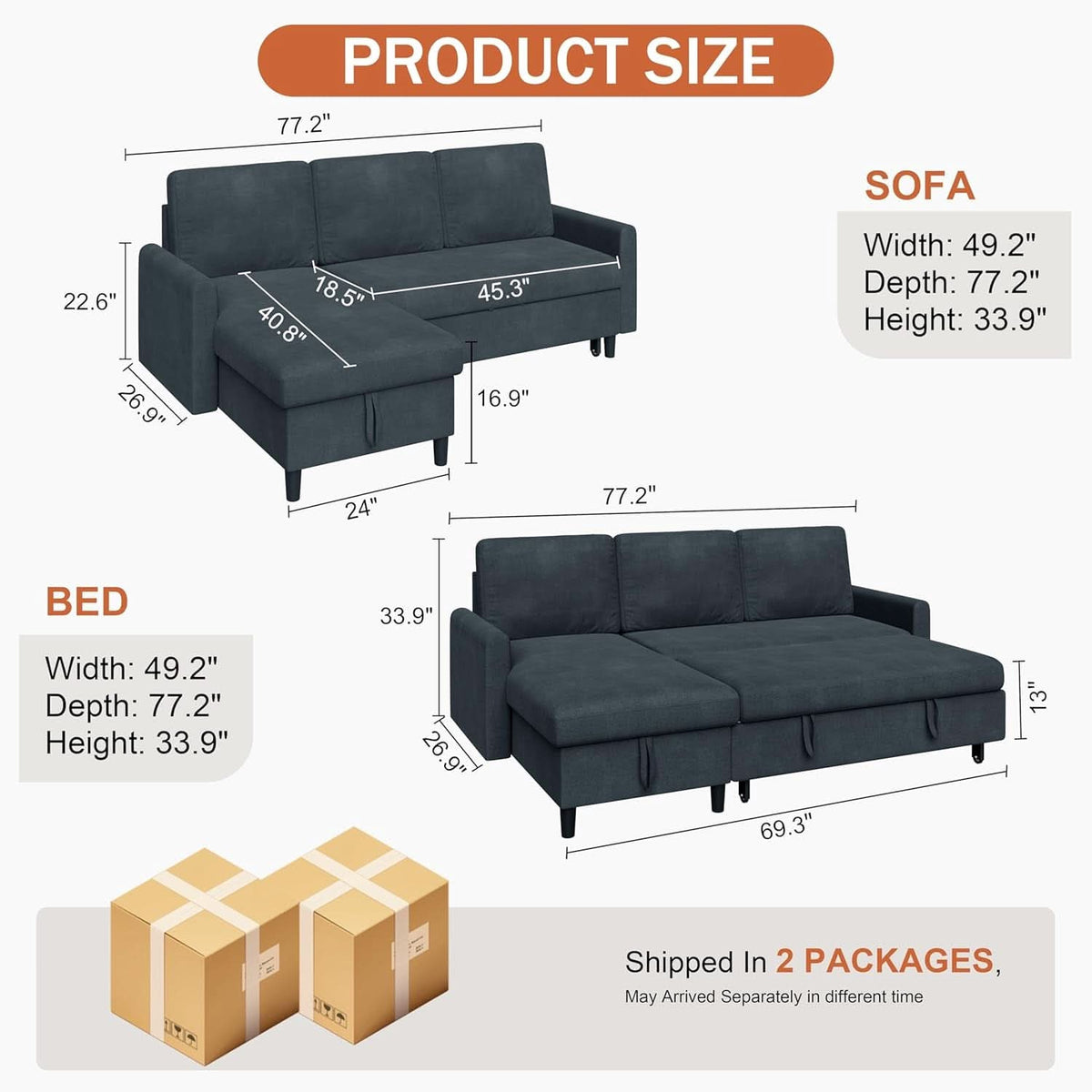 Dark Grey LShaped Convertible Sleeper Sofa Durable by ShipItFurniture