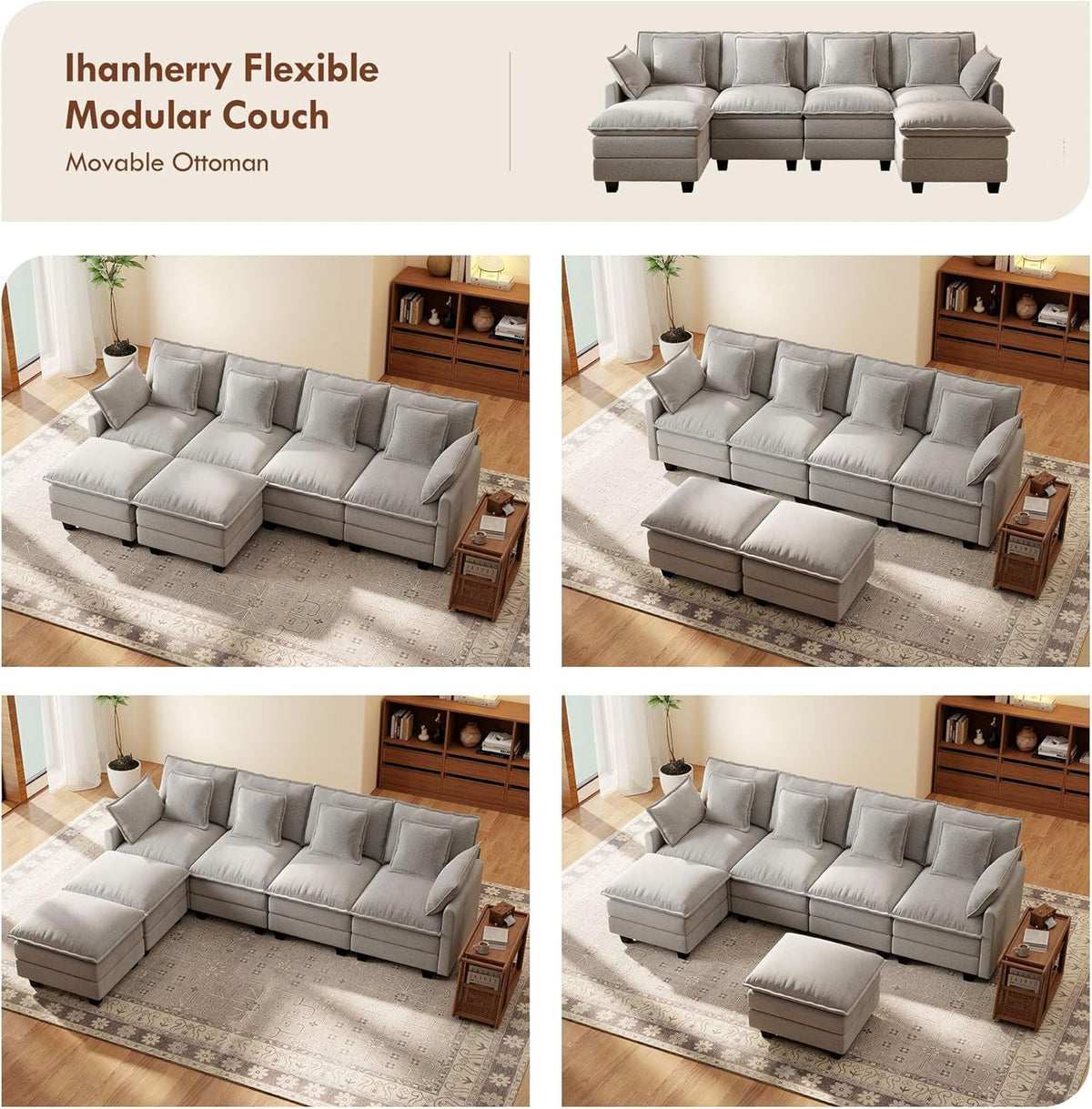 106-Inch U-Shaped Modular Sectional Sofa with Ottoman, Grey Chenille by ShipItFurniture