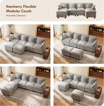 106-Inch U-Shaped Modular Sectional Sofa with Ottoman, Grey Chenille by ShipItFurniture
