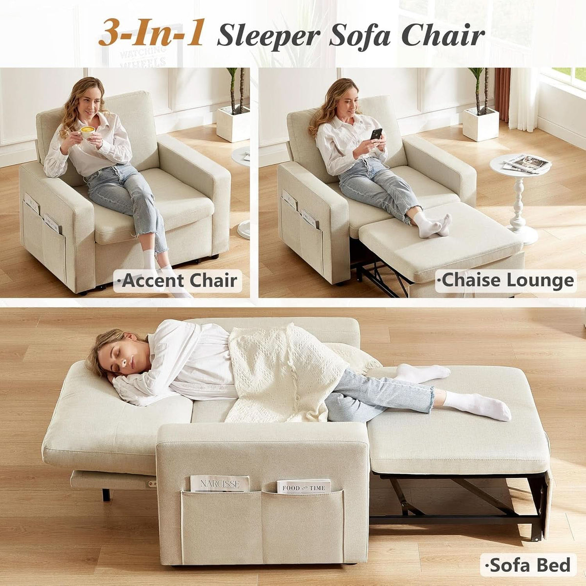 Forty Two Point Five Inch Sleeper Chair Bed Beige Convertible Sofa Bed by ShipItFurniture