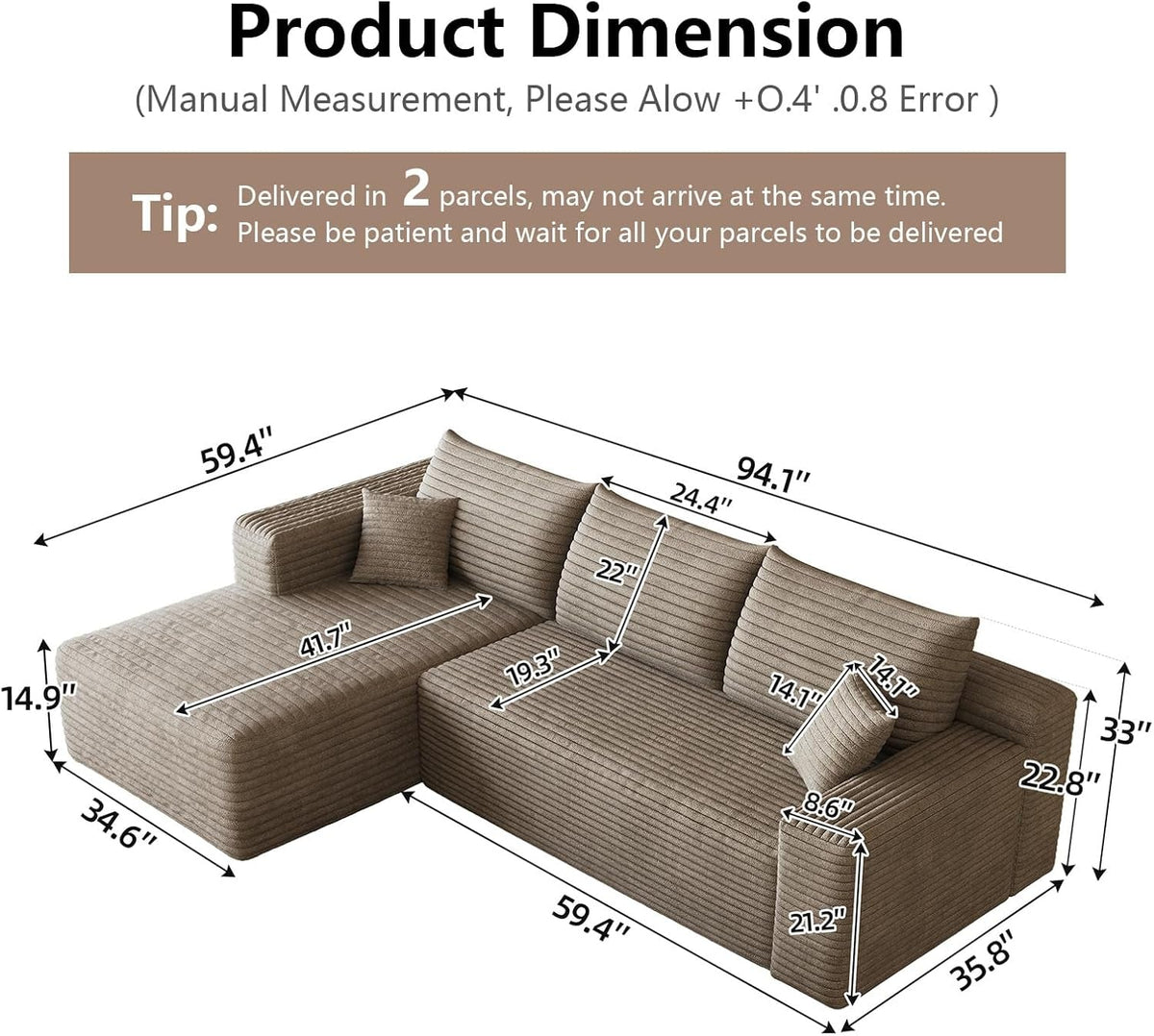 95-Inch Modular Sectional Sofa Sleeper Upholstered by ShipItFurniture