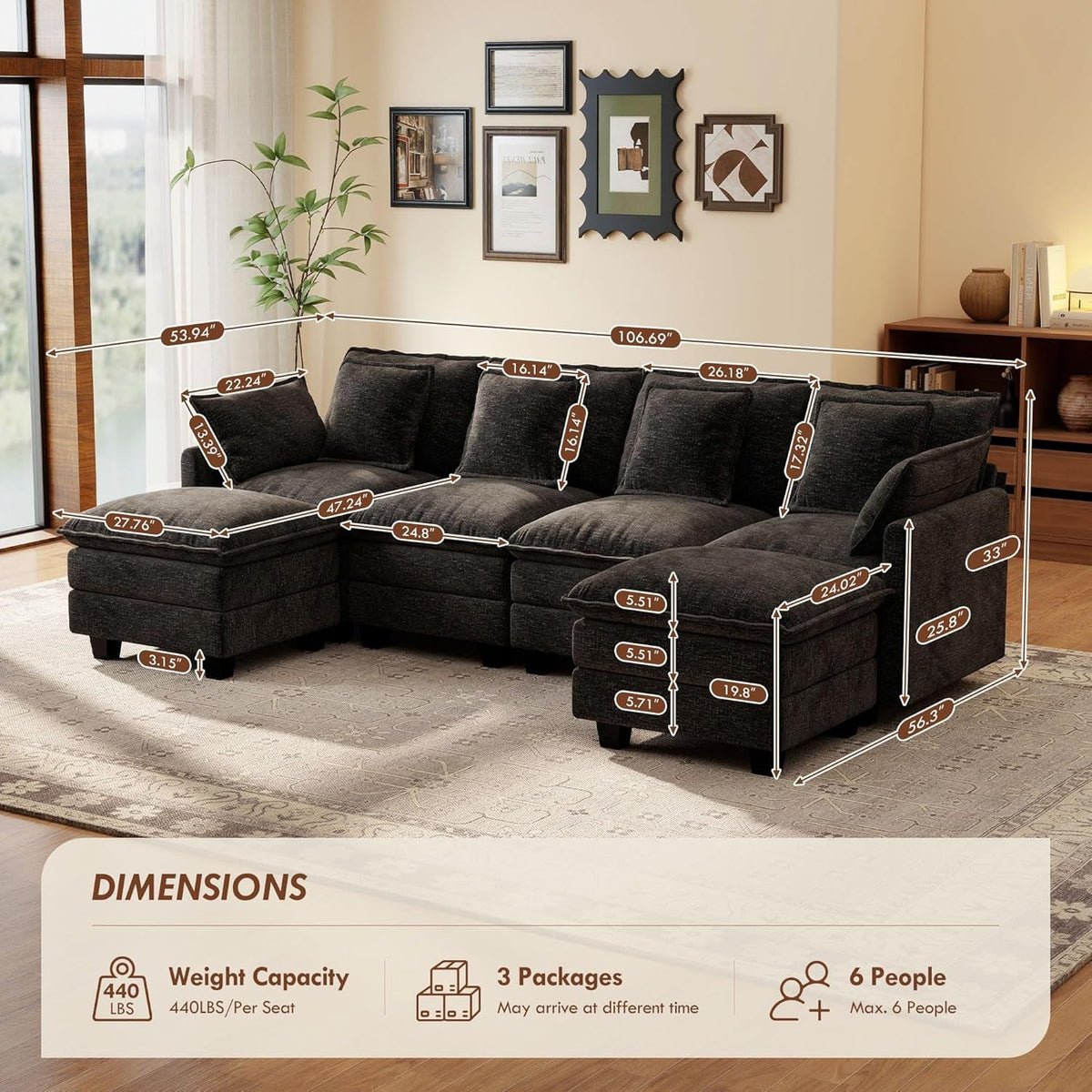 106-Inch Modular Cloud Sofa Black Sectional Modern by ShipItFurniture