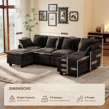 106-Inch Modular Cloud Sofa Black Sectional Modern by ShipItFurniture