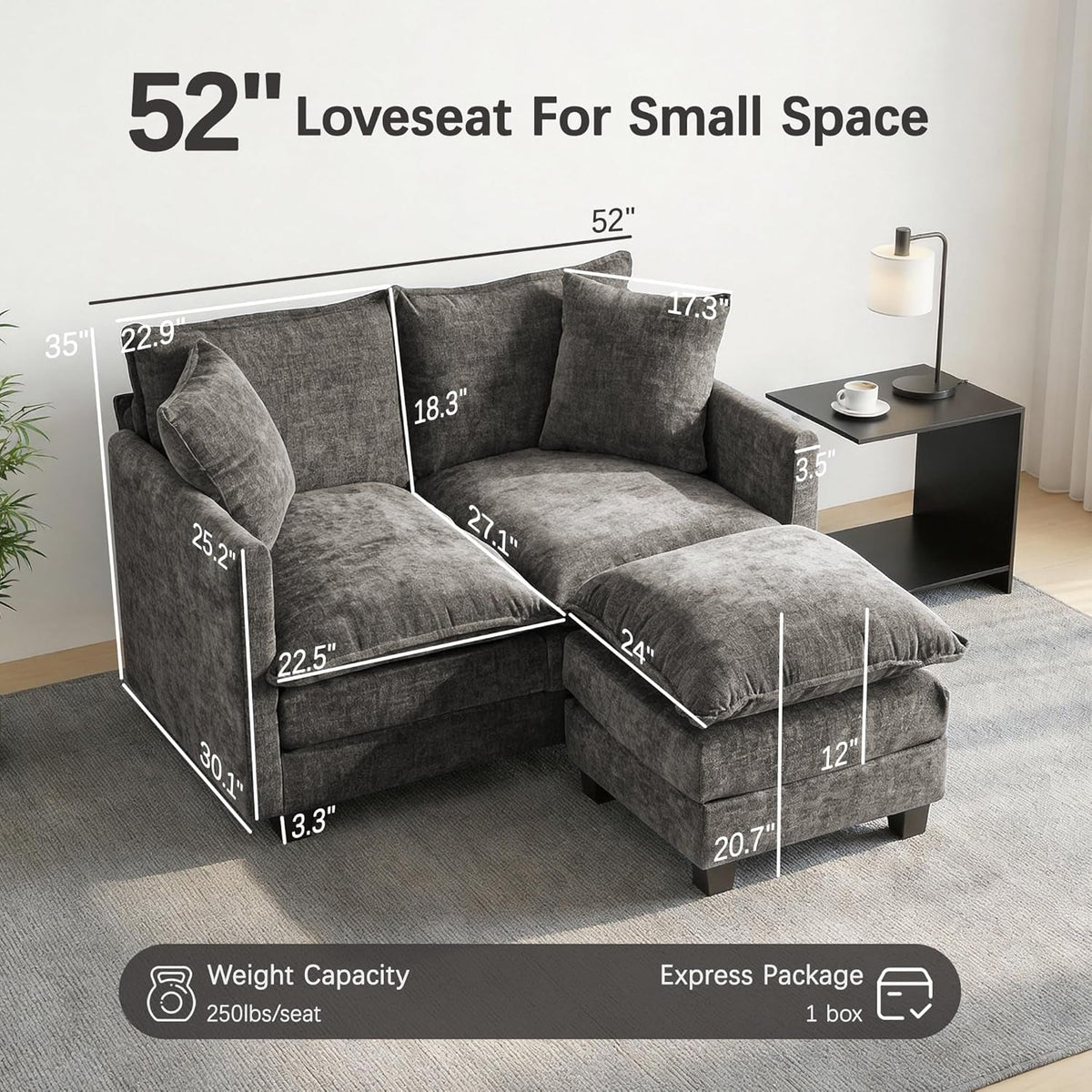 52Inch Compact Loveseat With Ottoman Grey Chenille by ShipItFurniture