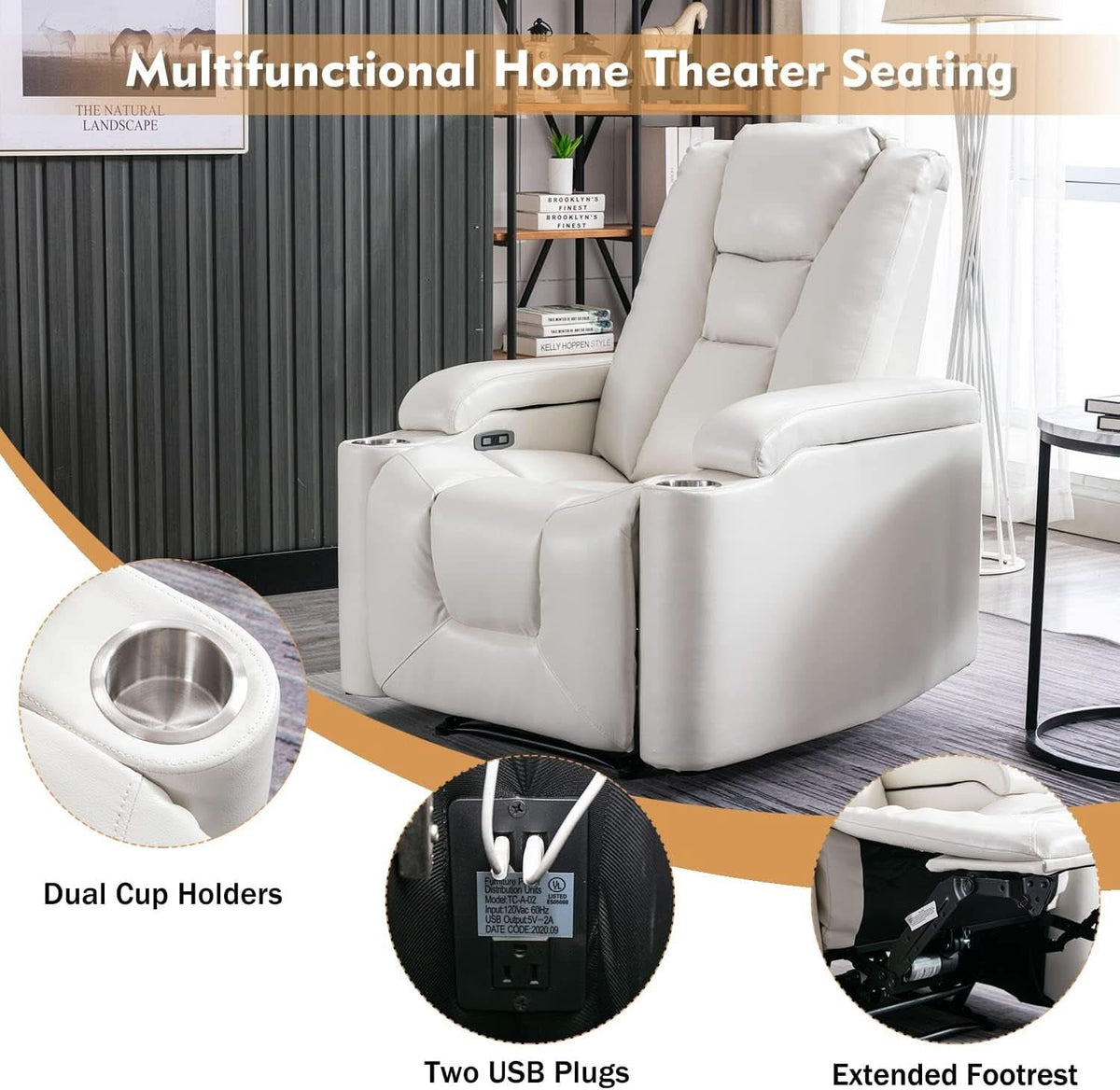 Cream White Power Recliner Chair With USB Ports And Hidden Storage by ShipItFurniture