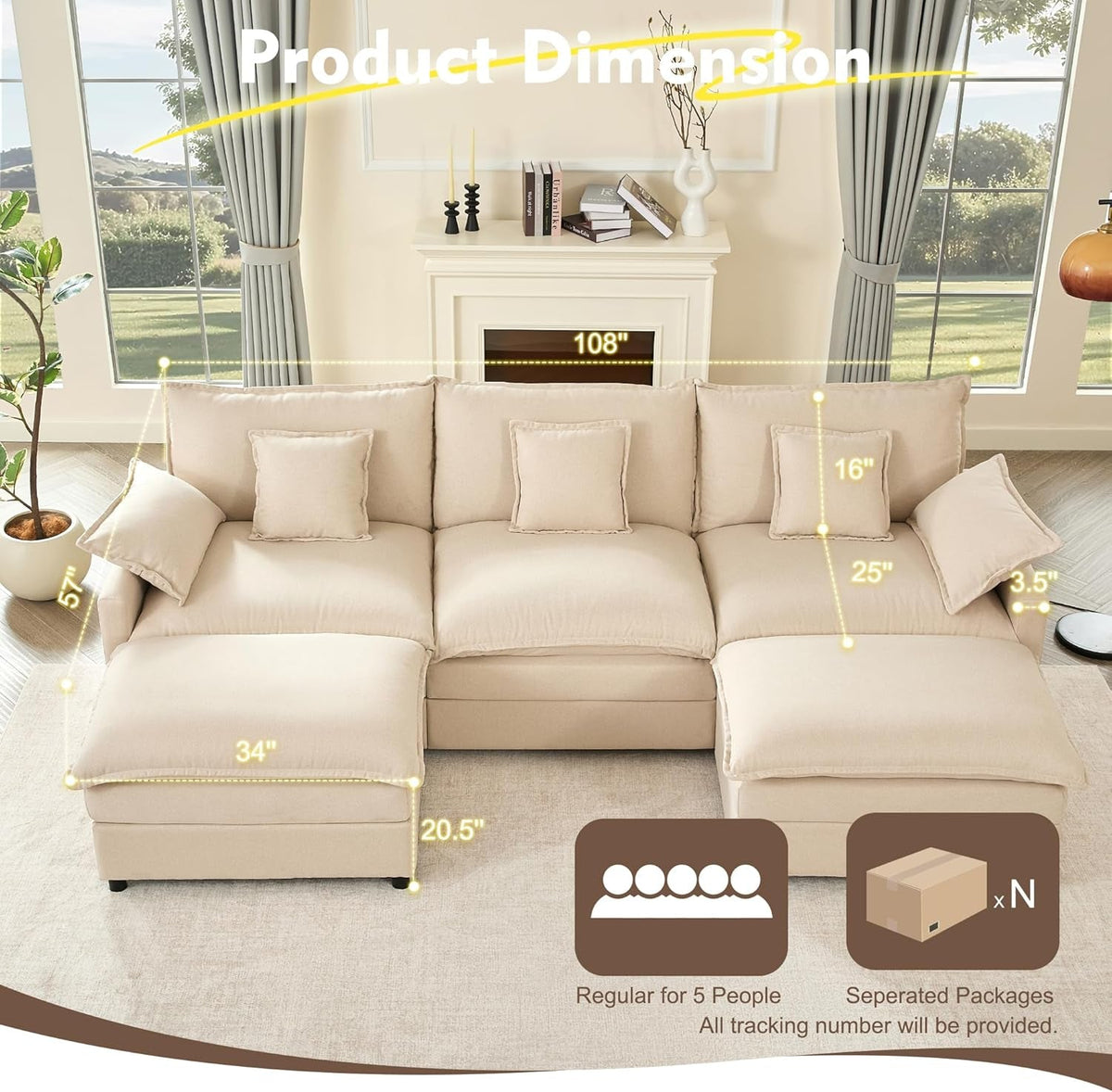 108-Inch U-Shaped Premium-Quality Sectional Sofa Beige by ShipItFurniture