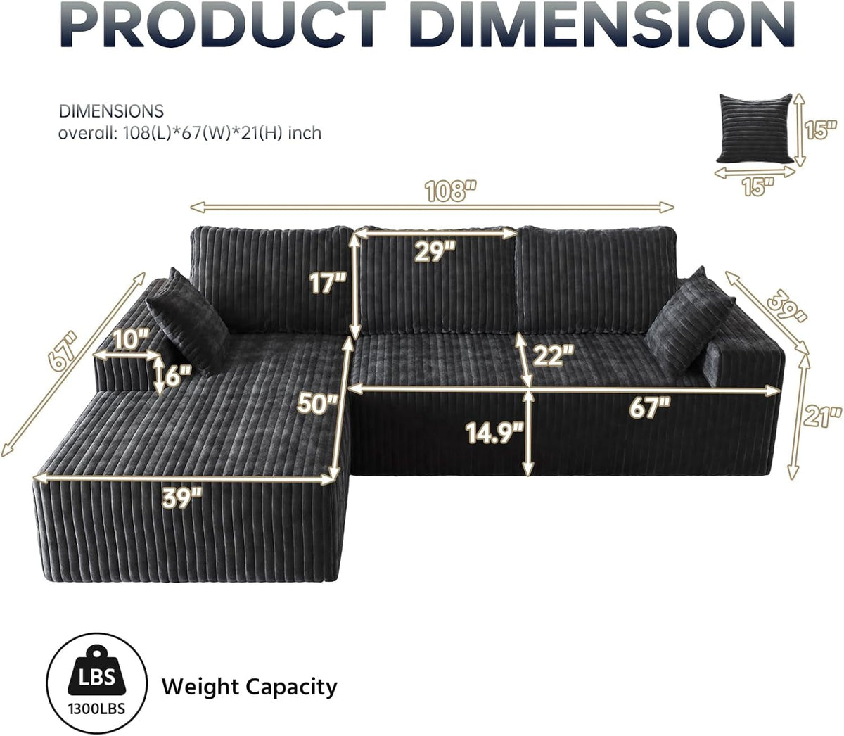 108-Inch Modular Sectional Couch With Oversized Chaise by ShipItFurniture