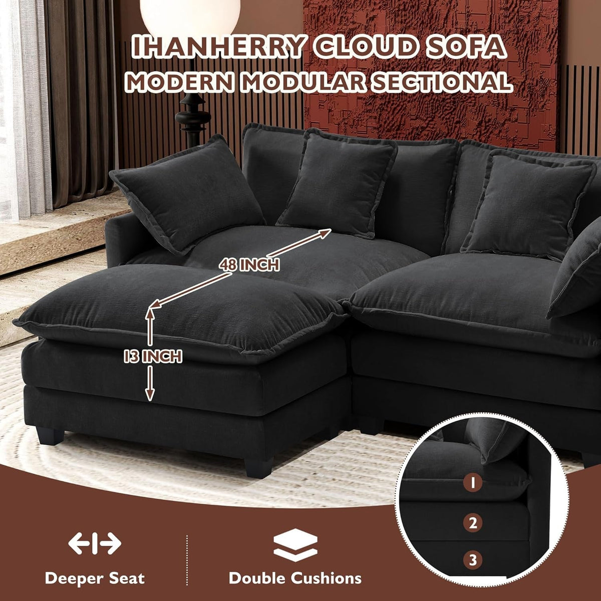 111.4-Inch L-Shaped Black High-Resilience-Deep-Seat Sectional Sofa by ShipItFurniture