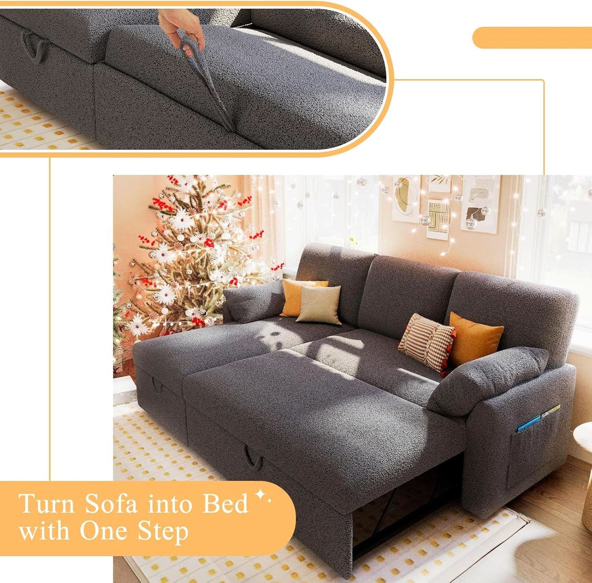 Grey Boucle Upholstered Convertible Sofa Bed Storage by ShipItFurniture