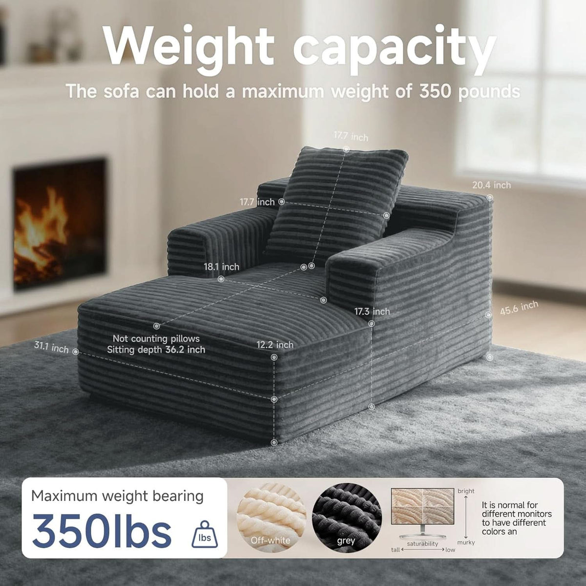 Compact 46-Inch Dark Grey Corduroy Chaise Lounge by ShipItFurniture