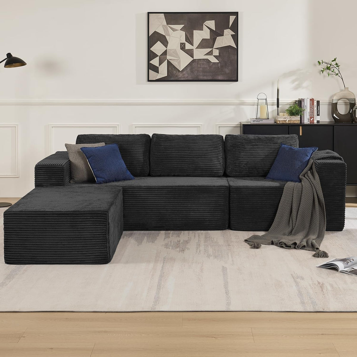 106 Inch Modular Sectional Sofa Black Corduroy Fabric by ShipItFurniture