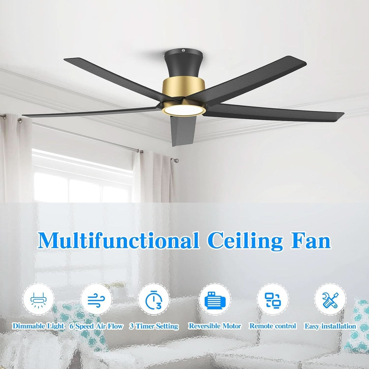 52 Inch Black-Gold Ceiling Fan with Lights and Remote by ShipItFurniture