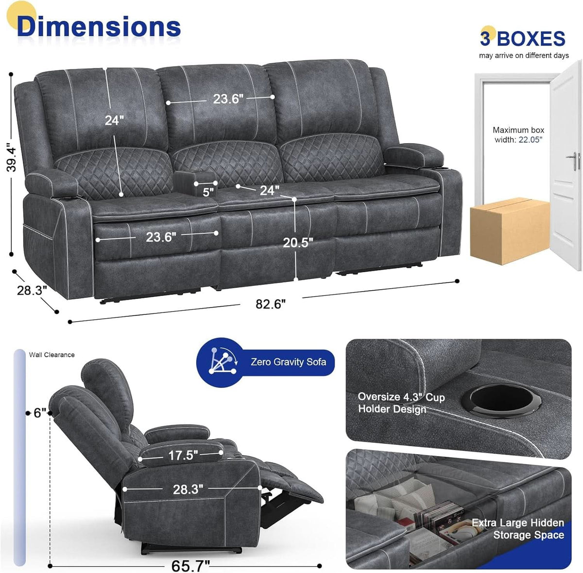 Grey Velvet 3 Seater Recliner Sofa With USB Ports Storage by ShipItFurniture
