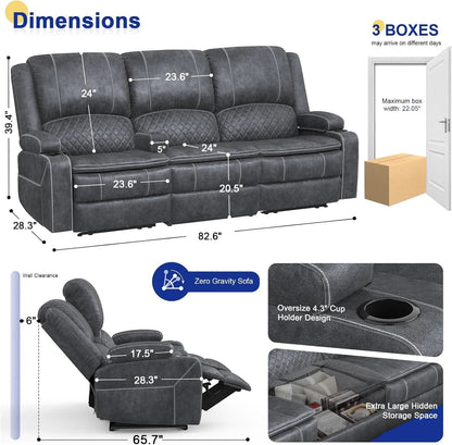 Grey Velvet 3 Seater Recliner Sofa With USB Ports Storage by ShipItFurniture