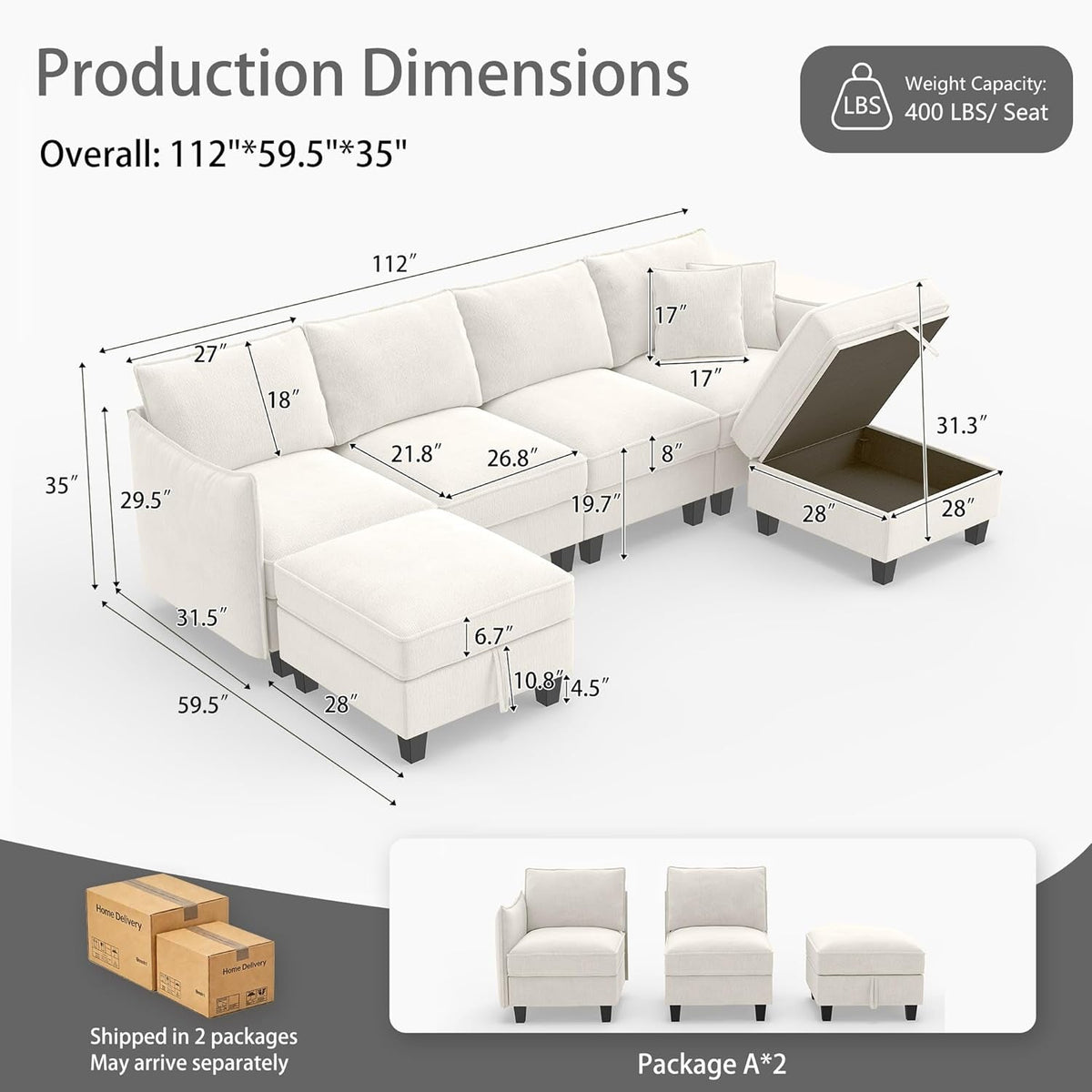 112-Inch Modular U-Shaped Sectional Beige Sofa Ottomans by ShipItFurniture