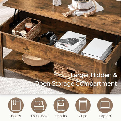Coffee Table 47.5 Inch Lift Top With Hidden Compartment Rustic Brown by ShipItFurniture