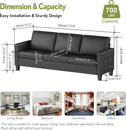 Black Seventy ThreeInch Three Seater Sofa For Living Room by ShipItFurniture
