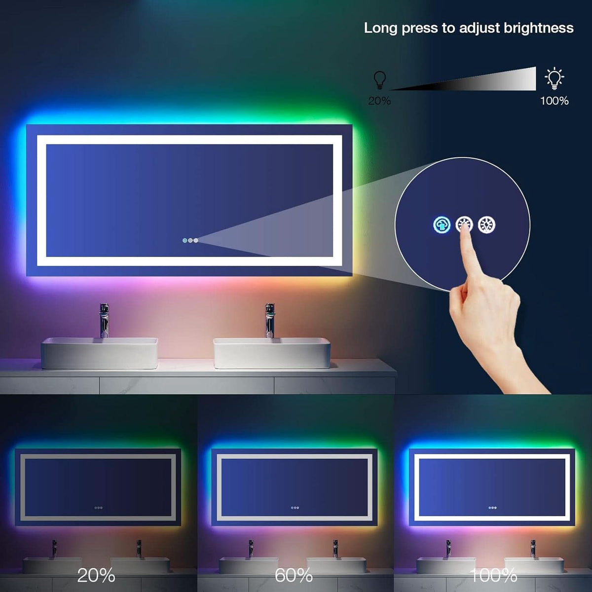 60x30 Inch RGB Dimmable LED Vanity Mirror Anti Fog Back lit by ShipItFurniture