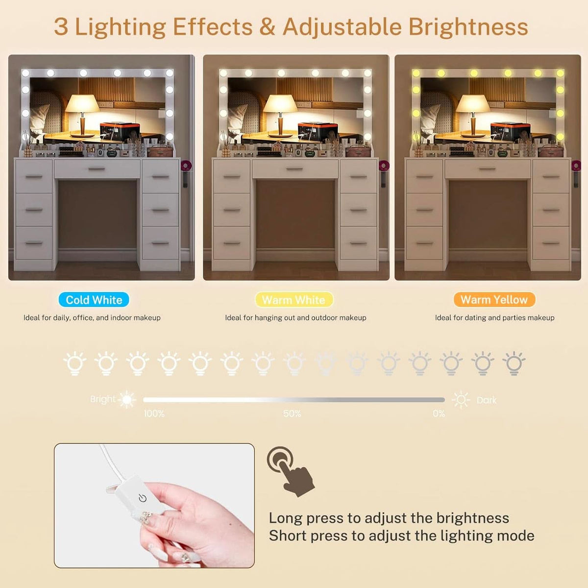 White Vanity Desk With Adjustable Illuminated Mirror by ShipItFurniture