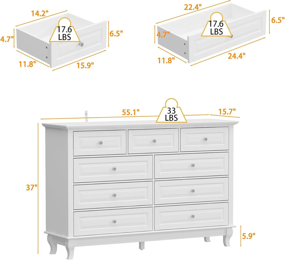 9 Drawer Dresser for Bedroom, White Dresser with Rubberwood Legs by ShipItFurniture