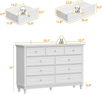 9 Drawer Dresser for Bedroom, White Dresser with Rubberwood Legs by ShipItFurniture