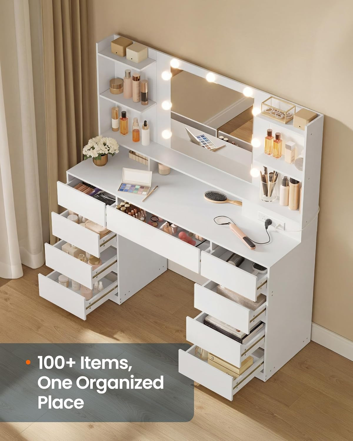 White Makeup Vanity Desk With Integrated LED Mirror by ShipItFurniture