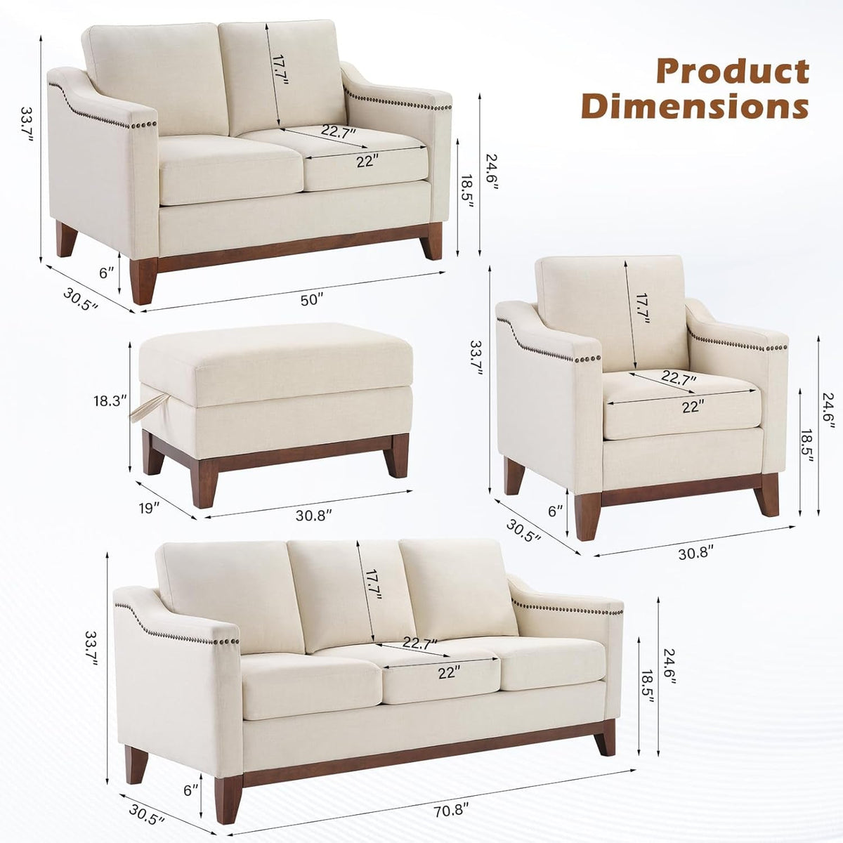 Beige ThreeSeater Upholstered Sofa With Nailhead Trim by ShipItFurniture