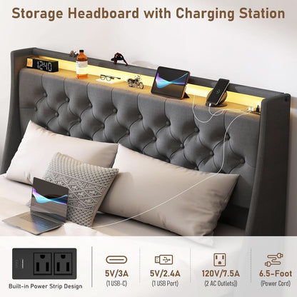 Queen Bed Frame With Storage Headboard LED Lighting by ShipItFurniture