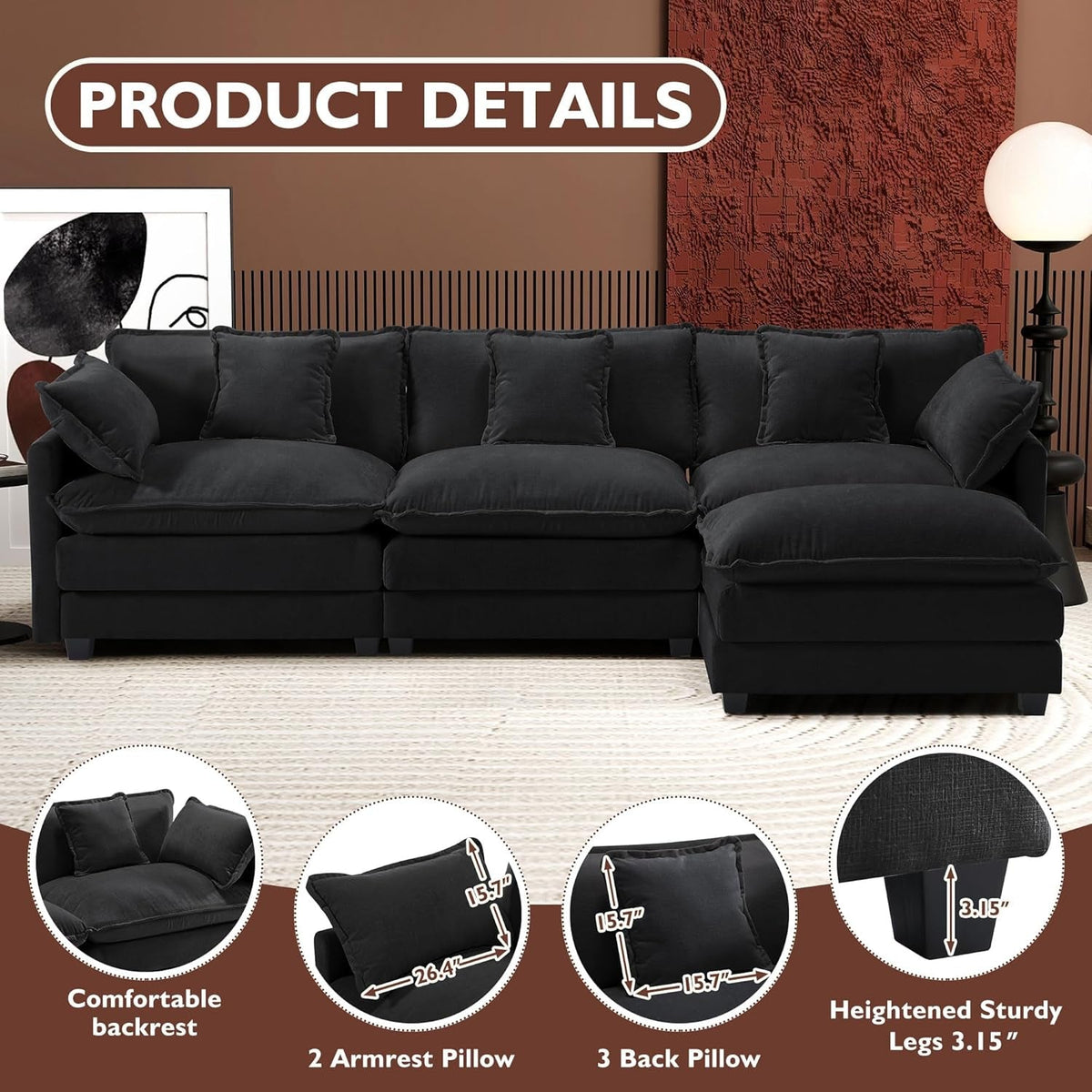 111.4-Inch L-Shaped Black High-Resilience-Deep-Seat Sectional Sofa by ShipItFurniture