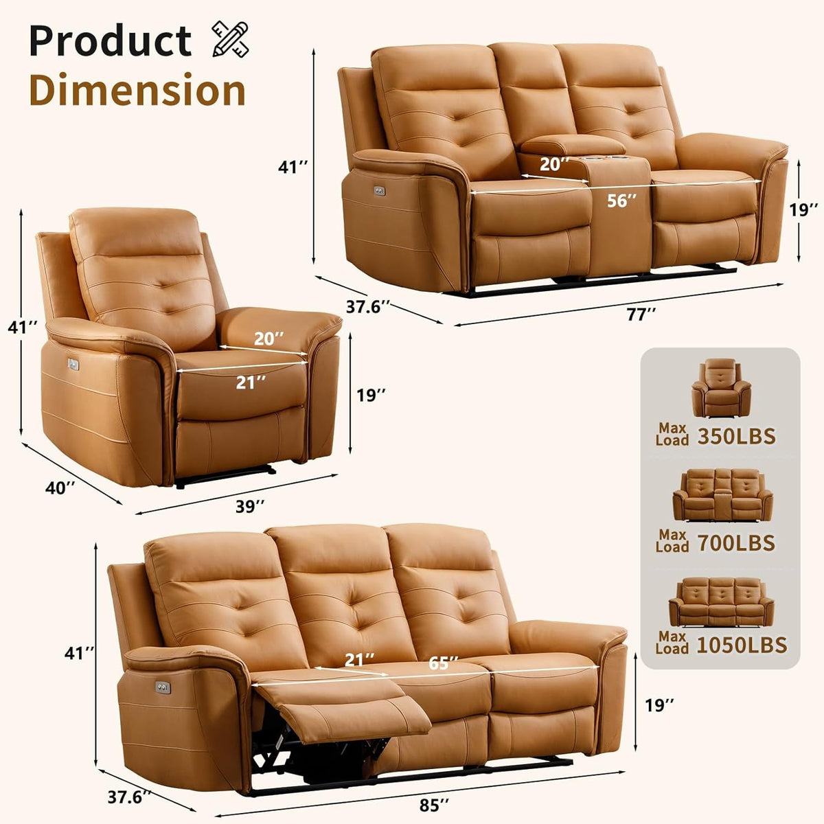 Bright Yellow Power Recliner Sofa Set Charging Port by ShipItFurniture
