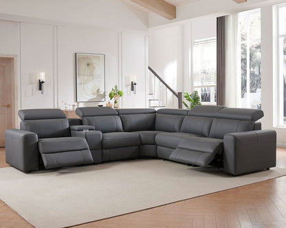 Grey Leather Power Recliner Sofa With Center Console by ShipItFurniture
