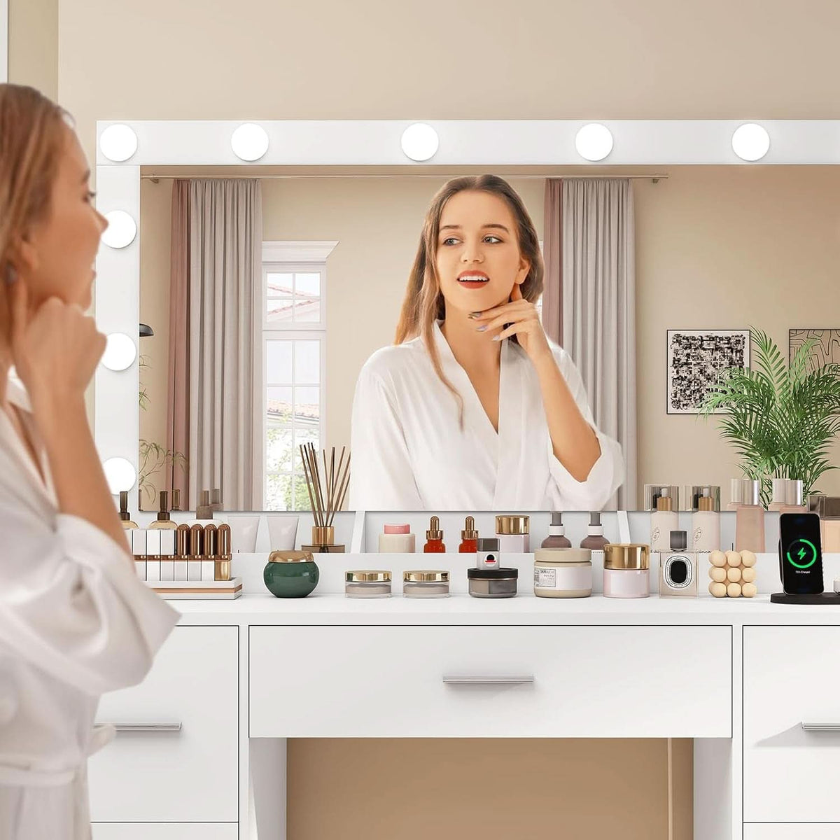 White Vanity Desk With Adjustable Illuminated Mirror by ShipItFurniture