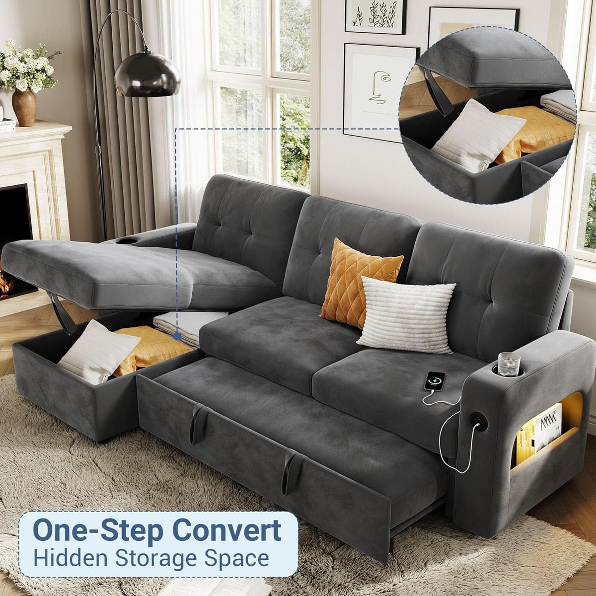 84 Inch Sleeper Sofa Bed Dark Grey Velvet With LED Storage by ShipItFurniture