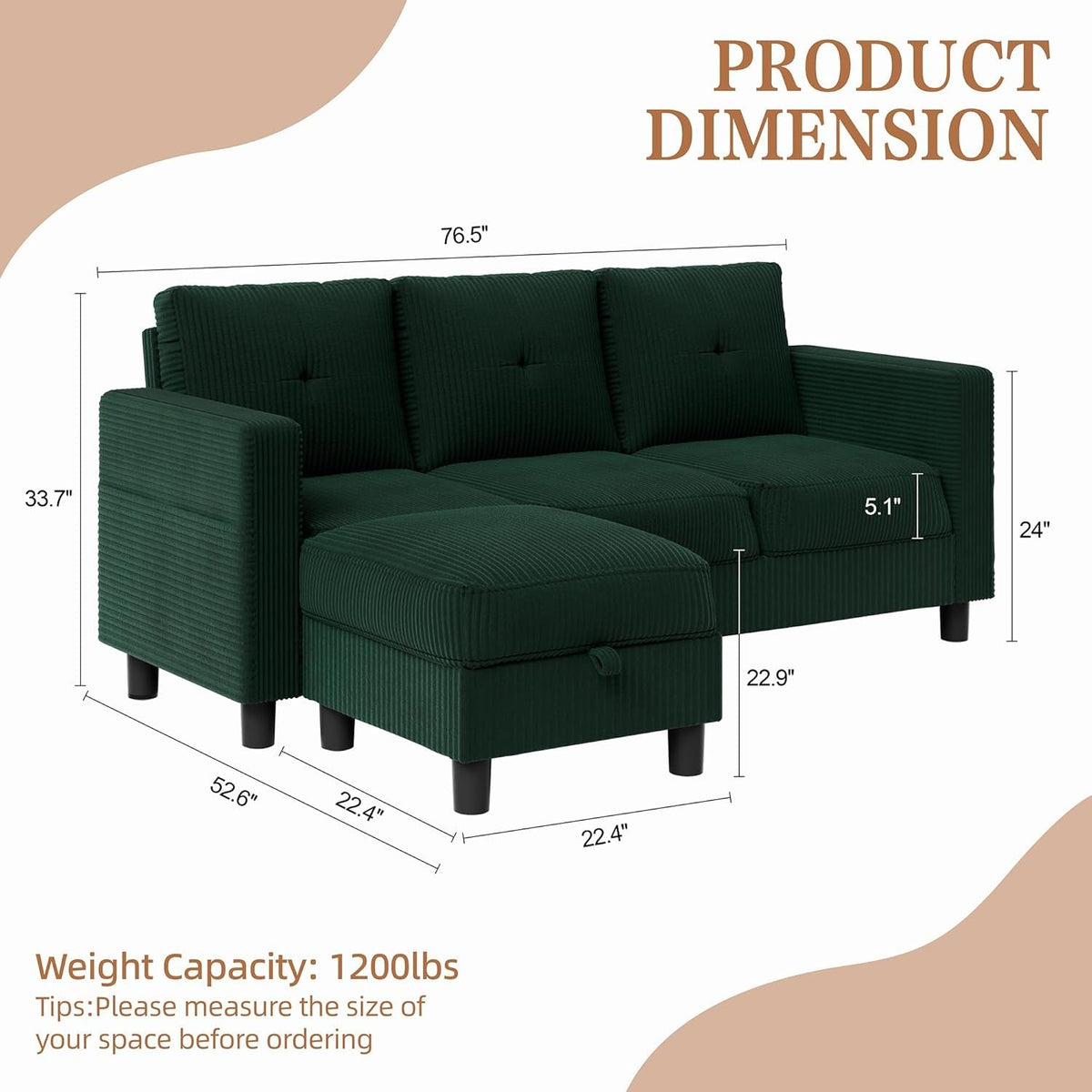 Green 76 Inches Upholstered Sectional Sofa Storage by ShipItFurniture