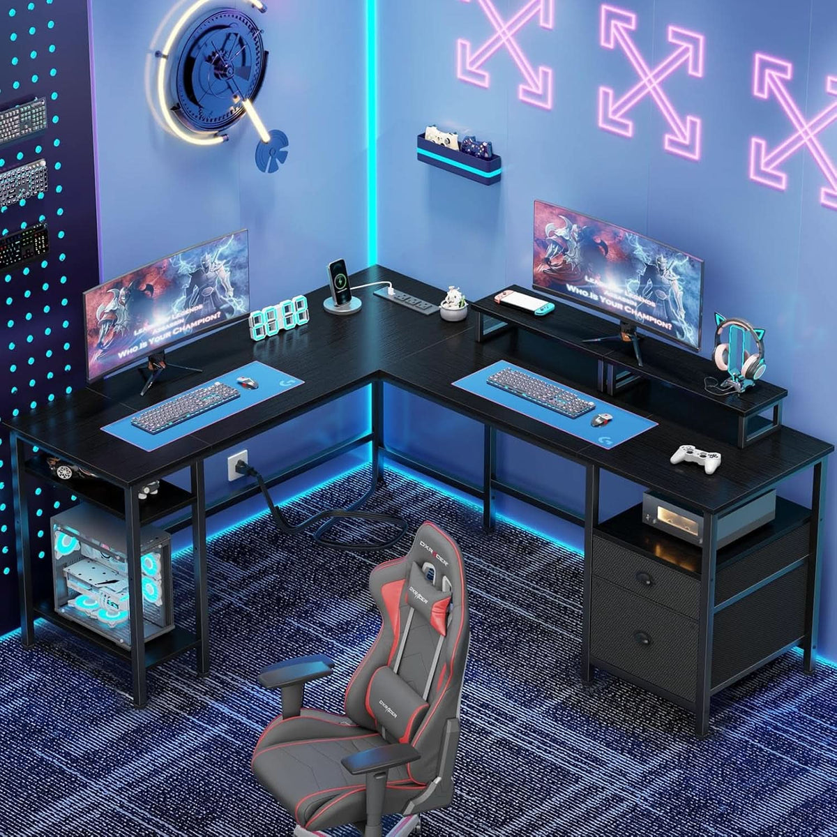Fifty Nine Inch L Shaped Desk With Black Storage Drawers Unit by ShipItFurniture