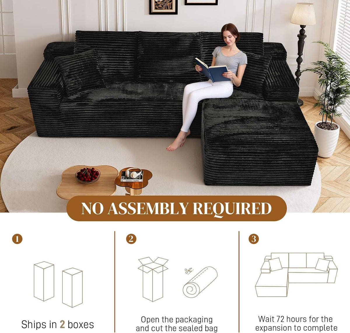 108 Inch Corduroy Left Facing Sectional Sofa Charcoal by ShipItFurniture