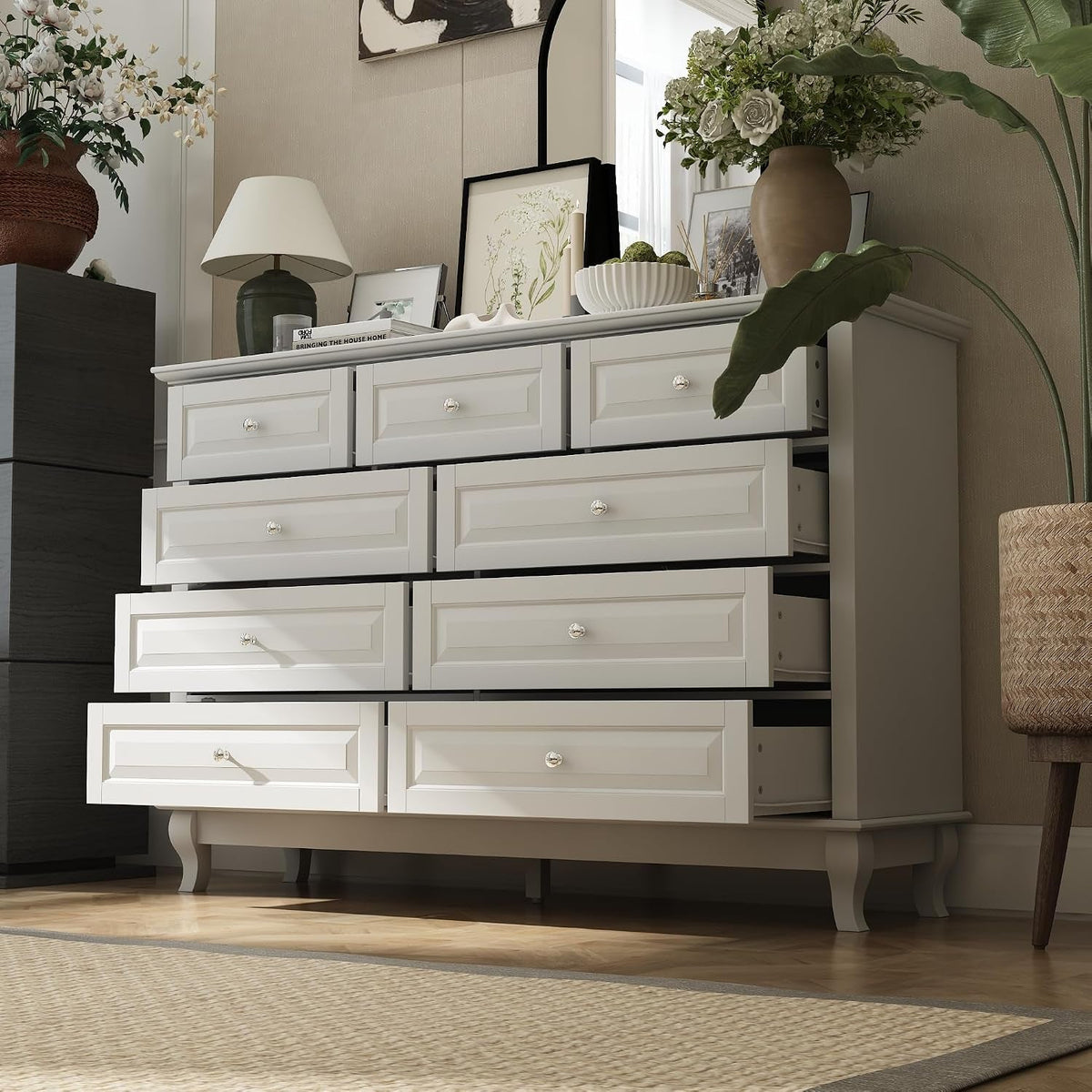 9 Drawer Dresser for Bedroom, White Dresser with Rubberwood Legs by ShipItFurniture