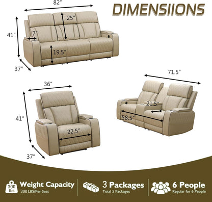 Khaki Premium Quality Leather Power Recliner Sofa USB Port by ShipItFurniture
